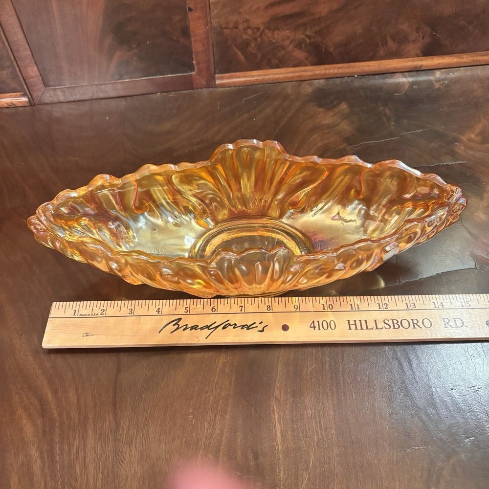Vintage Jeannette Glass Marigold Carnival Glass Gondola Bowl Iridescent 15" Oval - Picture 7 of 8